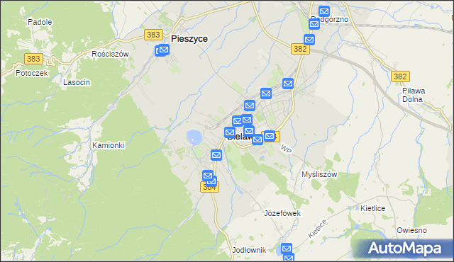 mapa Bielawa powiat dzierżoniowski, Bielawa powiat dzierżoniowski na mapie Targeo
