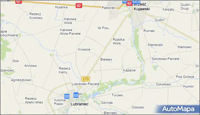 mapa Bielawy gmina Lubraniec, Bielawy gmina Lubraniec na mapie Targeo