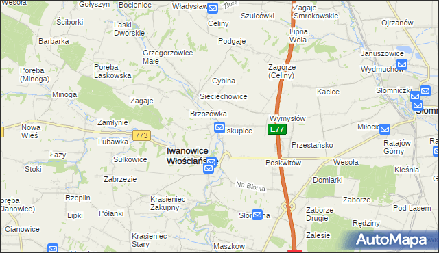 mapa Biskupice gmina Iwanowice, Biskupice gmina Iwanowice na mapie Targeo