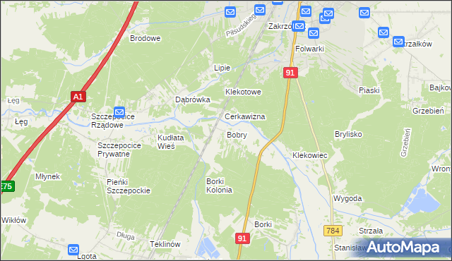 mapa Bobry gmina Radomsko, Bobry gmina Radomsko na mapie Targeo