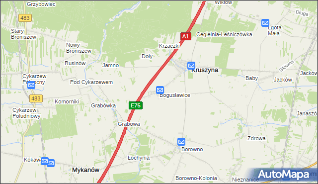 mapa Bogusławice gmina Kruszyna, Bogusławice gmina Kruszyna na mapie Targeo