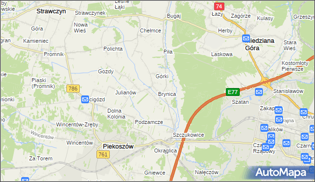 mapa Brynica gmina Piekoszów, Brynica gmina Piekoszów na mapie Targeo