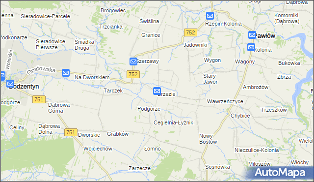 mapa Brzezie gmina Pawłów, Brzezie gmina Pawłów na mapie Targeo