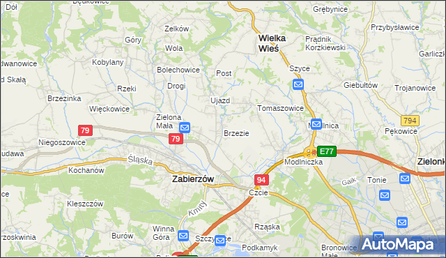 mapa Brzezie gmina Zabierzów, Brzezie gmina Zabierzów na mapie Targeo