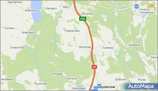 mapa Brzozowo gmina Przybiernów, Brzozowo gmina Przybiernów na mapie Targeo