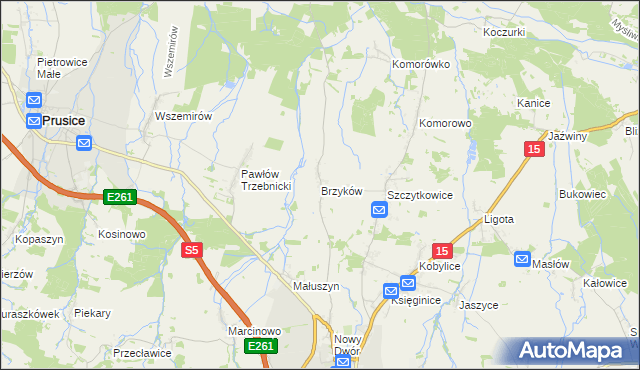 mapa Brzyków gmina Trzebnica, Brzyków gmina Trzebnica na mapie Targeo