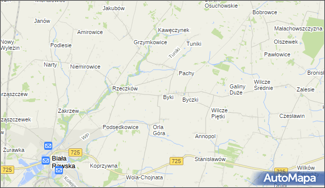 mapa Byki gmina Biała Rawska, Byki gmina Biała Rawska na mapie Targeo
