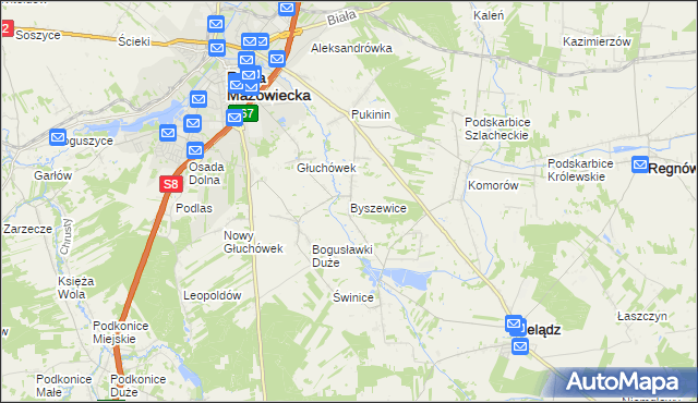 mapa Byszewice gmina Rawa Mazowiecka, Byszewice gmina Rawa Mazowiecka na mapie Targeo