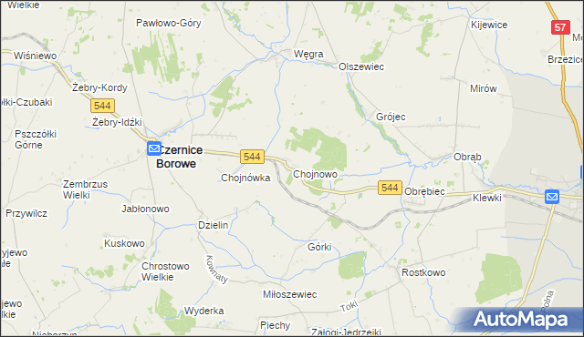 mapa Chojnowo gmina Czernice Borowe, Chojnowo gmina Czernice Borowe na mapie Targeo