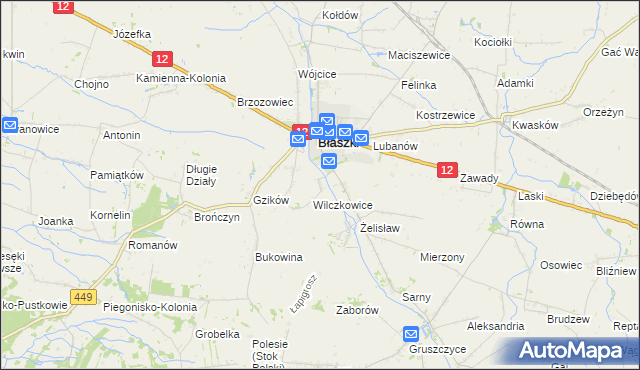 mapa Chrzanowice gmina Błaszki, Chrzanowice gmina Błaszki na mapie Targeo