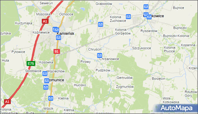 mapa Chrzanowice gmina Gomunice, Chrzanowice gmina Gomunice na mapie Targeo