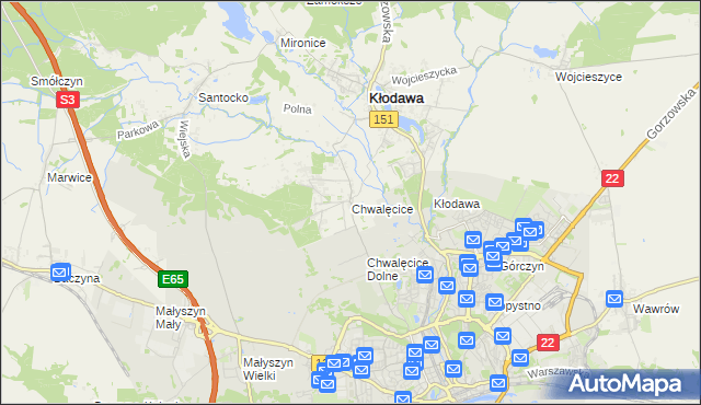 mapa Chwalęcice gmina Kłodawa, Chwalęcice gmina Kłodawa na mapie Targeo