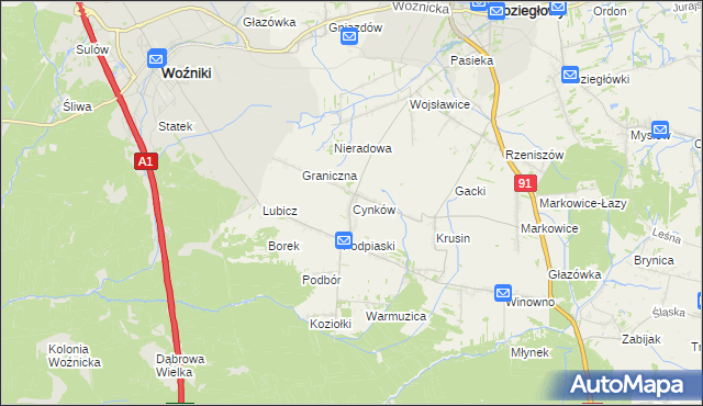 mapa Cynków gmina Koziegłowy, Cynków gmina Koziegłowy na mapie Targeo