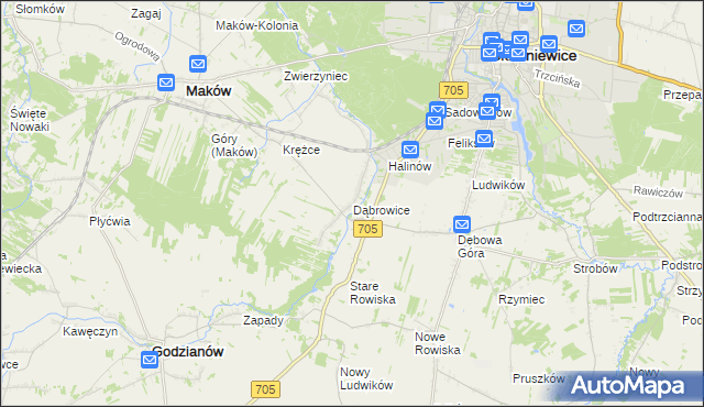 mapa Dąbrowice gmina Maków, Dąbrowice gmina Maków na mapie Targeo