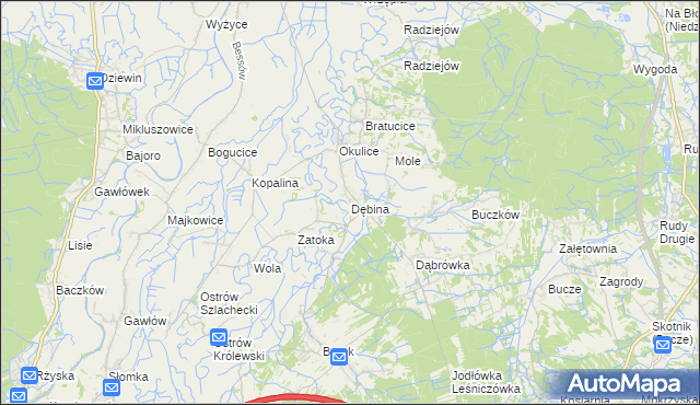 mapa Dębina gmina Rzezawa, Dębina gmina Rzezawa na mapie Targeo