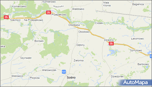 mapa Dębiny gmina Sośno, Dębiny gmina Sośno na mapie Targeo