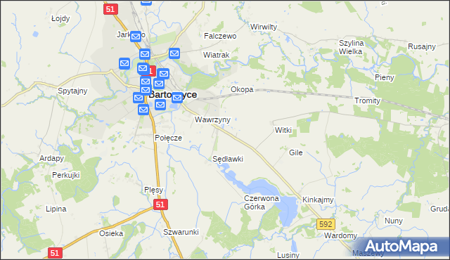 mapa Dębówko gmina Bartoszyce, Dębówko gmina Bartoszyce na mapie Targeo