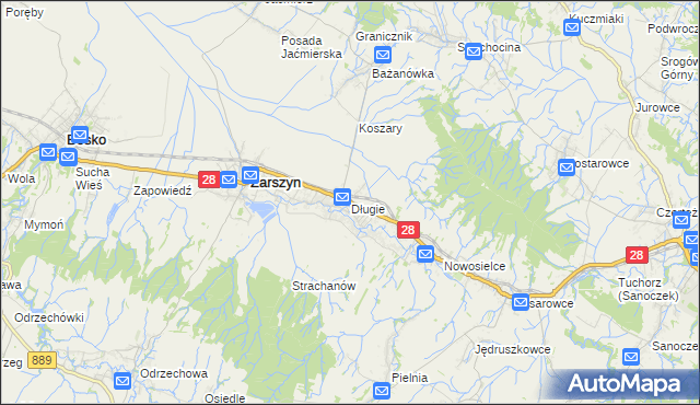 mapa Długie gmina Zarszyn, Długie gmina Zarszyn na mapie Targeo