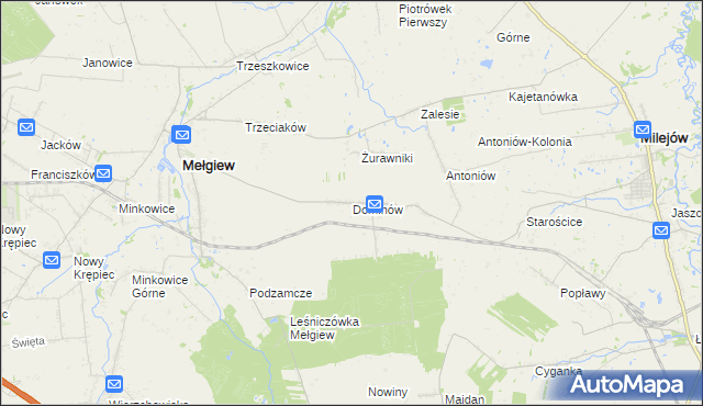 mapa Dominów gmina Mełgiew, Dominów gmina Mełgiew na mapie Targeo