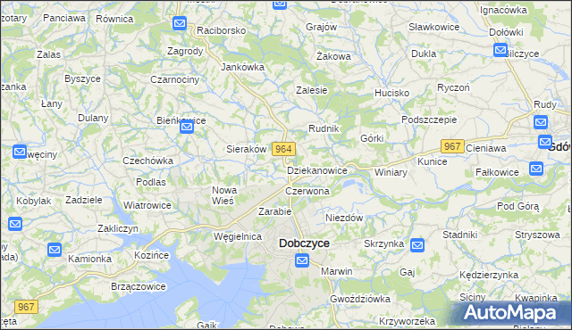 mapa Dziekanowice gmina Dobczyce, Dziekanowice gmina Dobczyce na mapie Targeo