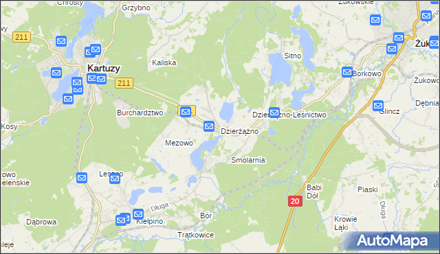 mapa Dzierżążno gmina Kartuzy, Dzierżążno gmina Kartuzy na mapie Targeo