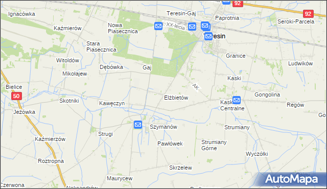 mapa Elżbietów gmina Teresin, Elżbietów gmina Teresin na mapie Targeo