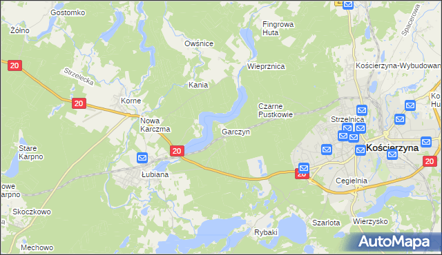 mapa Garczyn gmina Kościerzyna, Garczyn gmina Kościerzyna na mapie Targeo