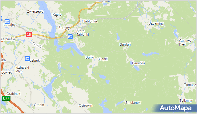 mapa Gąski gmina Ostróda, Gąski gmina Ostróda na mapie Targeo