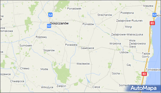 mapa Gawłowice gmina Goszczanów, Gawłowice gmina Goszczanów na mapie Targeo