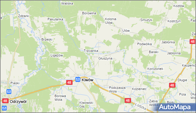 mapa Głuszyna gmina Klwów, Głuszyna gmina Klwów na mapie Targeo