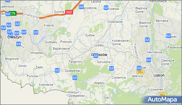 mapa Goleszów powiat cieszyński, Goleszów powiat cieszyński na mapie Targeo