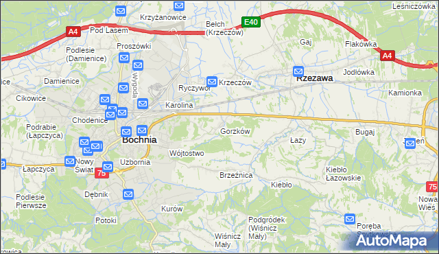 mapa Gorzków gmina Bochnia, Gorzków gmina Bochnia na mapie Targeo