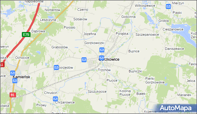 mapa Gorzkowice, Gorzkowice na mapie Targeo