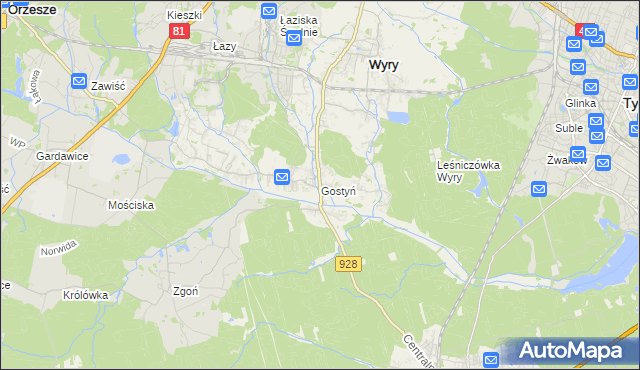 mapa Gostyń gmina Wyry, Gostyń gmina Wyry na mapie Targeo