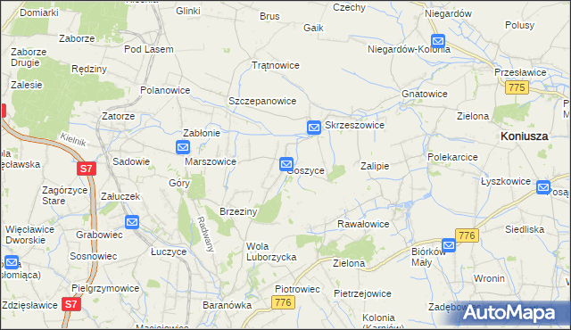 mapa Goszyce gmina Kocmyrzów-Luborzyca, Goszyce gmina Kocmyrzów-Luborzyca na mapie Targeo