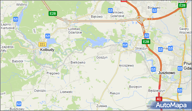 mapa Goszyn gmina Pruszcz Gdański, Goszyn gmina Pruszcz Gdański na mapie Targeo