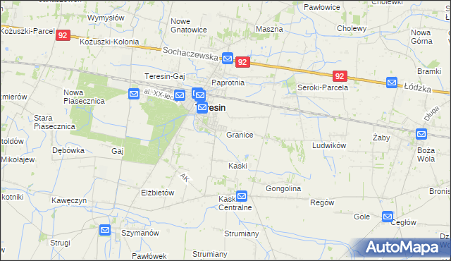 mapa Granice gmina Teresin, Granice gmina Teresin na mapie Targeo