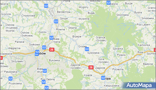 mapa Gródek gmina Grybów, Gródek gmina Grybów na mapie Targeo