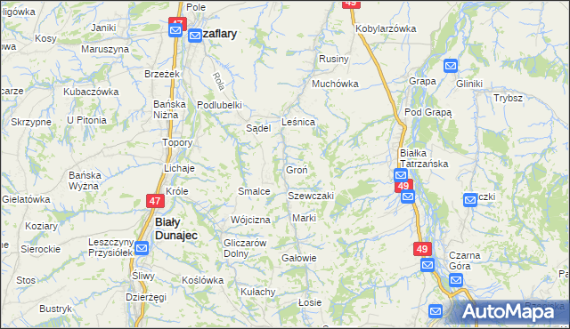 mapa Groń gmina Bukowina Tatrzańska, Groń gmina Bukowina Tatrzańska na mapie Targeo