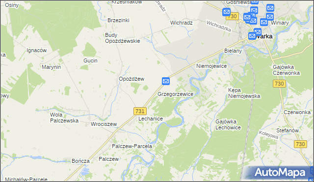 mapa Grzegorzewice gmina Warka, Grzegorzewice gmina Warka na mapie Targeo