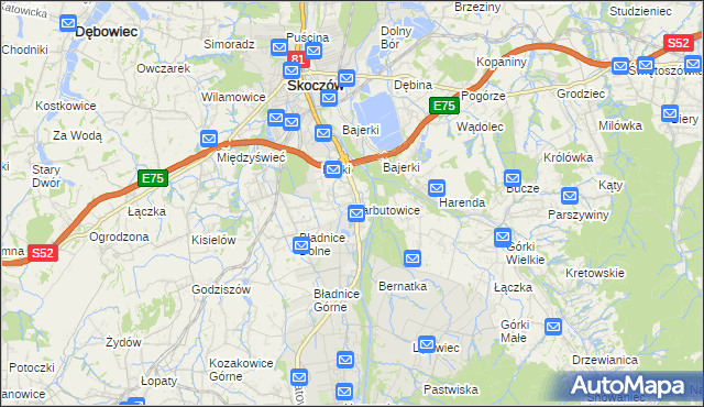 mapa Harbutowice gmina Skoczów, Harbutowice gmina Skoczów na mapie Targeo