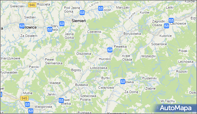 mapa Hucisko gmina Stryszawa, Hucisko gmina Stryszawa na mapie Targeo