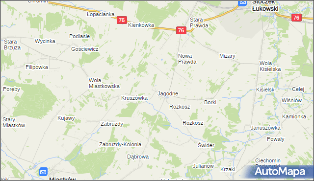 mapa Jagodne gmina Stoczek Łukowski, Jagodne gmina Stoczek Łukowski na mapie Targeo