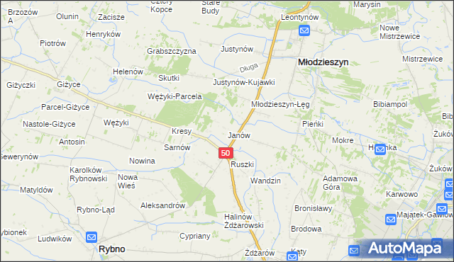 mapa Janów gmina Młodzieszyn, Janów gmina Młodzieszyn na mapie Targeo