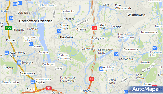 mapa Janowice gmina Bestwina, Janowice gmina Bestwina na mapie Targeo