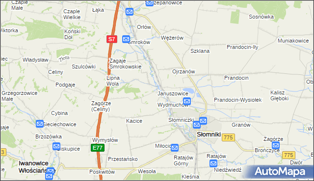 mapa Januszowice gmina Słomniki, Januszowice gmina Słomniki na mapie Targeo