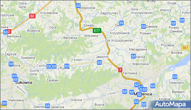 mapa Jawornik gmina Myślenice, Jawornik gmina Myślenice na mapie Targeo