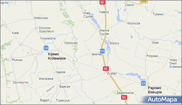 mapa Jeleniec gmina Papowo Biskupie, Jeleniec gmina Papowo Biskupie na mapie Targeo