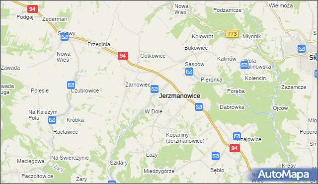 mapa Jerzmanowice gmina Jerzmanowice-Przeginia, Jerzmanowice gmina Jerzmanowice-Przeginia na mapie Targeo