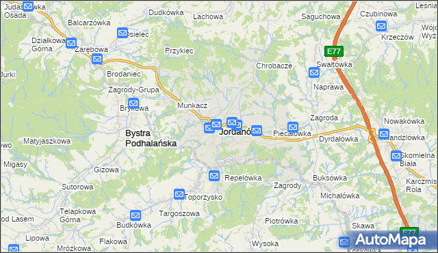 mapa Jordanów powiat suski, Jordanów powiat suski na mapie Targeo
